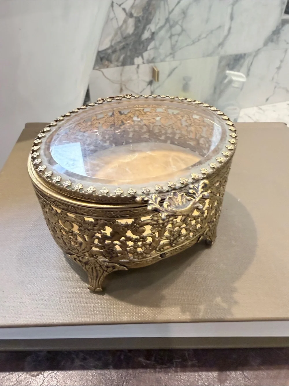 Vintage Ormolu Filigree Jewelry Casket Beveled Glass Hollywood Regency